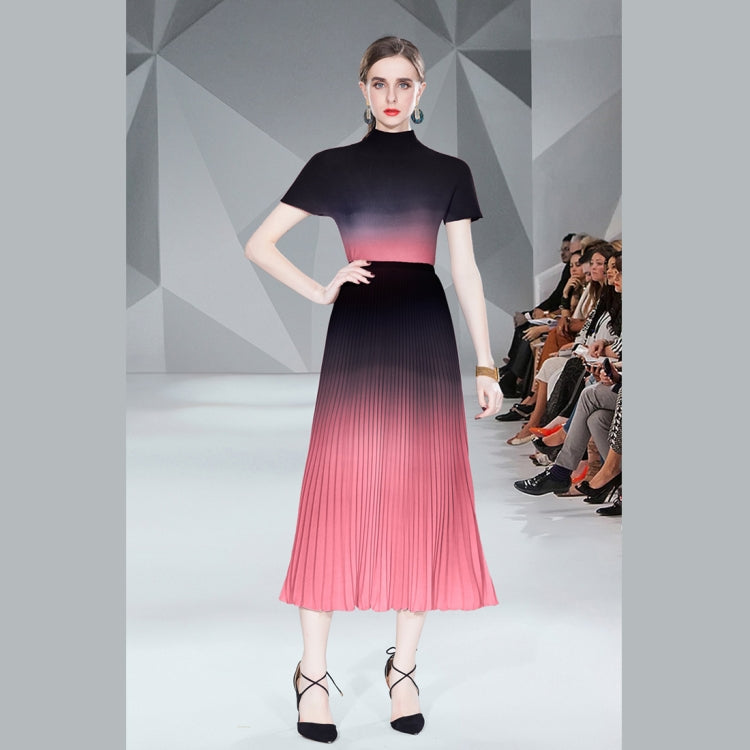 Gradient Smudge Top Shirt Long Pleated Flowy Skirt Two Piece Set, Size: