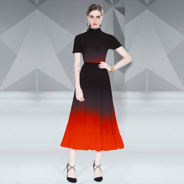 Gradient Smudge Top Shirt Long Pleated Flowy Skirt Two Piece Set, Size: