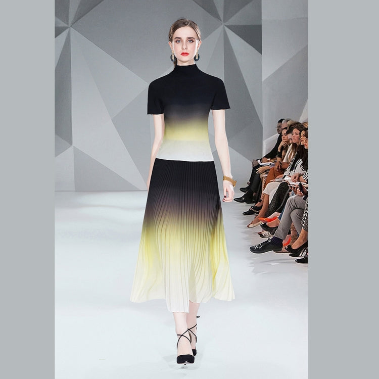 Gradient Smudge Top Shirt Long Pleated Flowy Skirt Two Piece Set, Size: