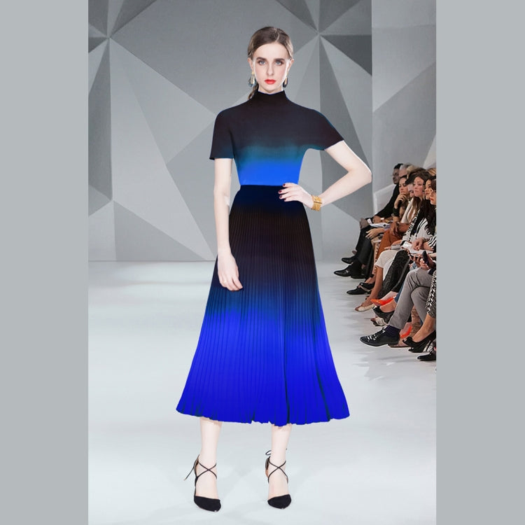 Gradient Smudge Top Shirt Long Pleated Flowy Skirt Two Piece Set, Size: