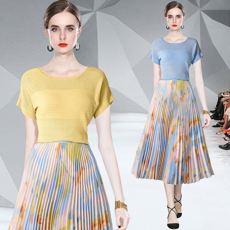 Top Knitted Sweater Printed Pleated Skirt Two Piece Set, Size: