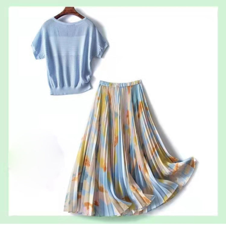 Top Knitted Sweater Printed Pleated Skirt Two Piece Set, Size:
