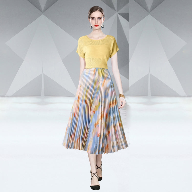 Top Knitted Sweater Printed Pleated Skirt Two Piece Set, Size: