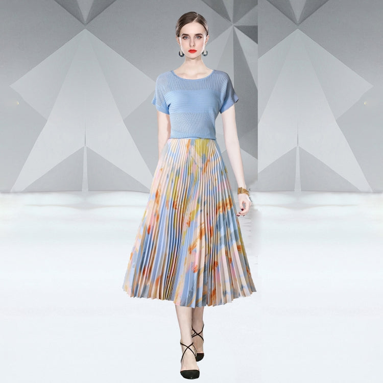 Top Knitted Sweater Printed Pleated Skirt Two Piece Set, Size: