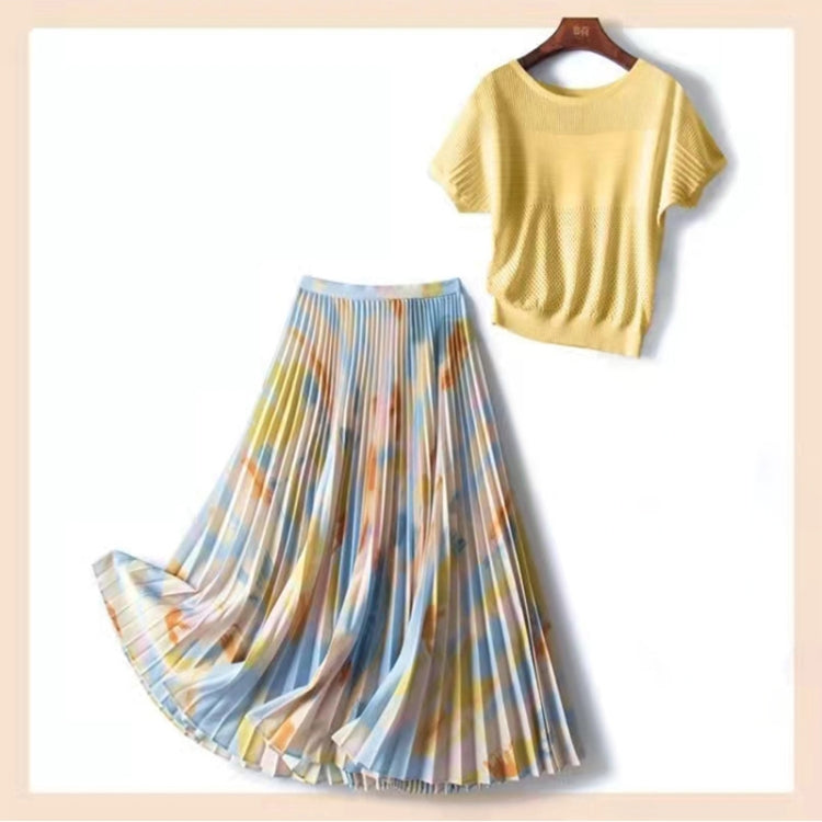Top Knitted Sweater Printed Pleated Skirt Two Piece Set, Size: