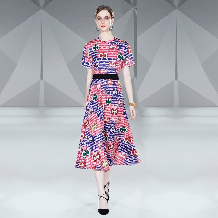 Young Mature Print Tops T-shirt Pleated Skirt Two Piece Set, Size: