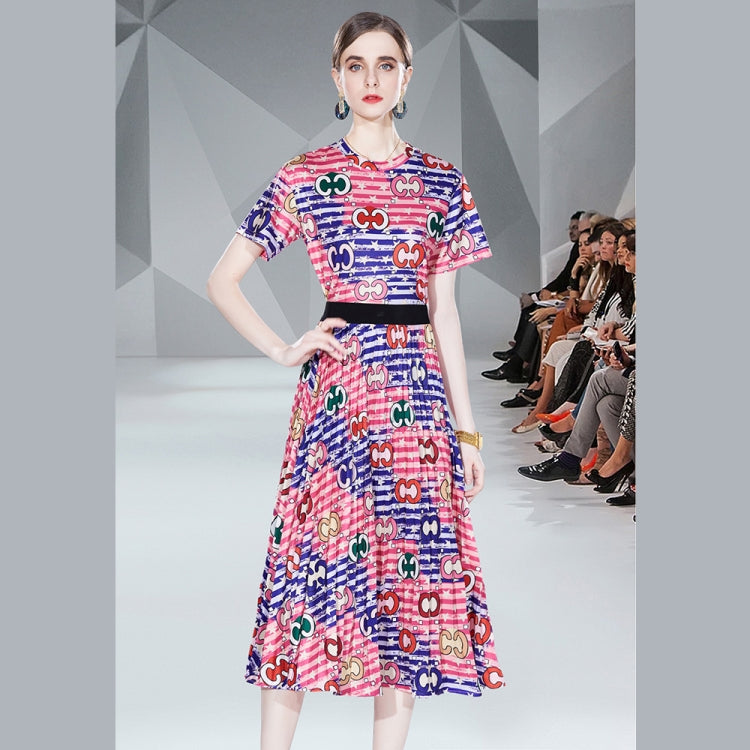 Young Mature Print Tops T-shirt Pleated Skirt Two Piece Set, Size: