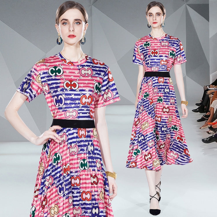 Young Mature Print Tops T-shirt Pleated Skirt Two Piece Set, Size: