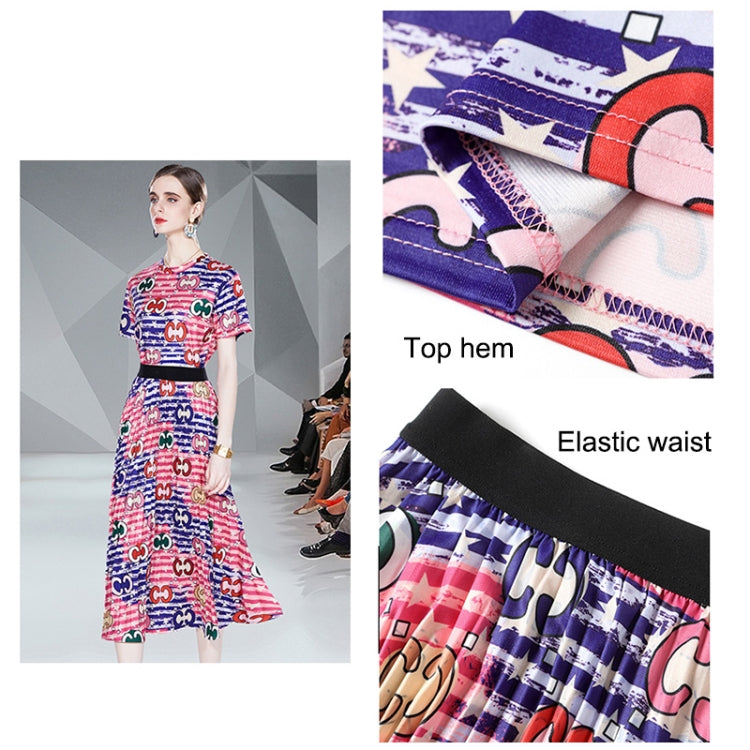 Young Mature Print Tops T-shirt Pleated Skirt Two Piece Set, Size: