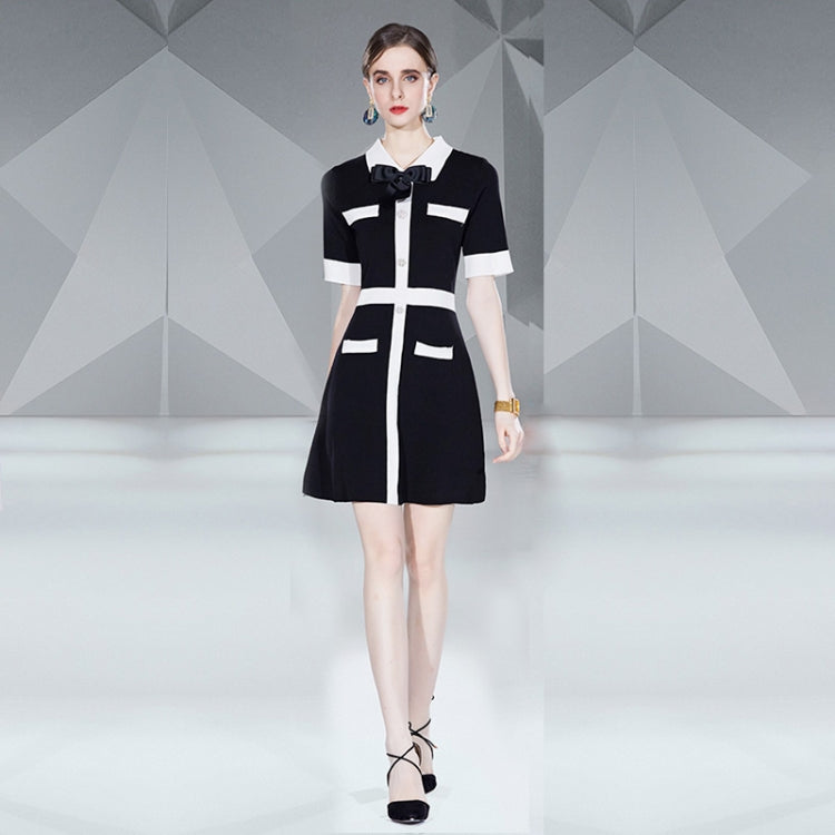 Summer Party Elegant Sweet Black White Patchwork Knitted Dress, Size:One Size