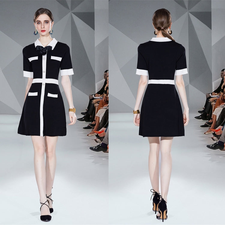 Summer Party Elegant Sweet Black White Patchwork Knitted Dress, Size:One Size