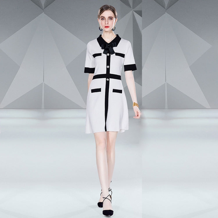 Summer Party Elegant Sweet Black White Patchwork Knitted Dress, Size:One Size