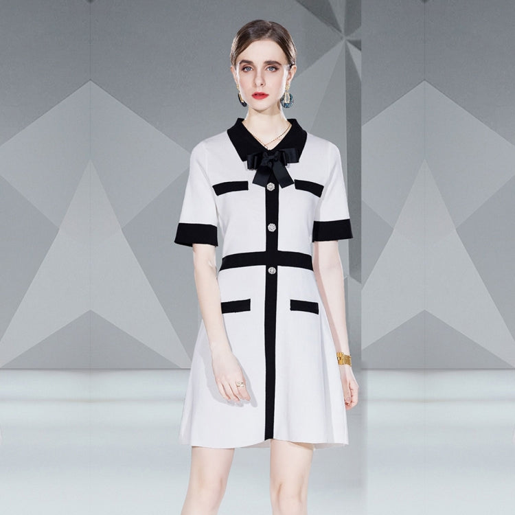 Summer Party Elegant Sweet Black White Patchwork Knitted Dress, Size:One Size