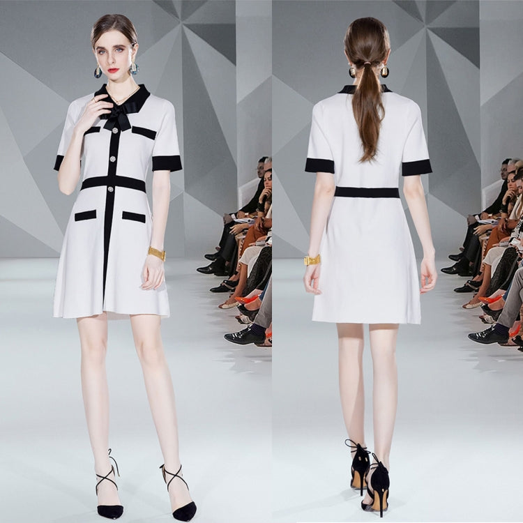 Summer Party Elegant Sweet Black White Patchwork Knitted Dress, Size:One Size