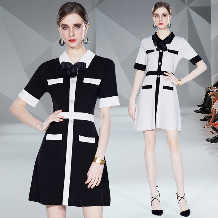 Summer Party Elegant Sweet Black White Patchwork Knitted Dress, Size:One Size