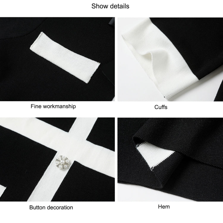 Summer Party Elegant Sweet Black White Patchwork Knitted Dress, Size:One Size