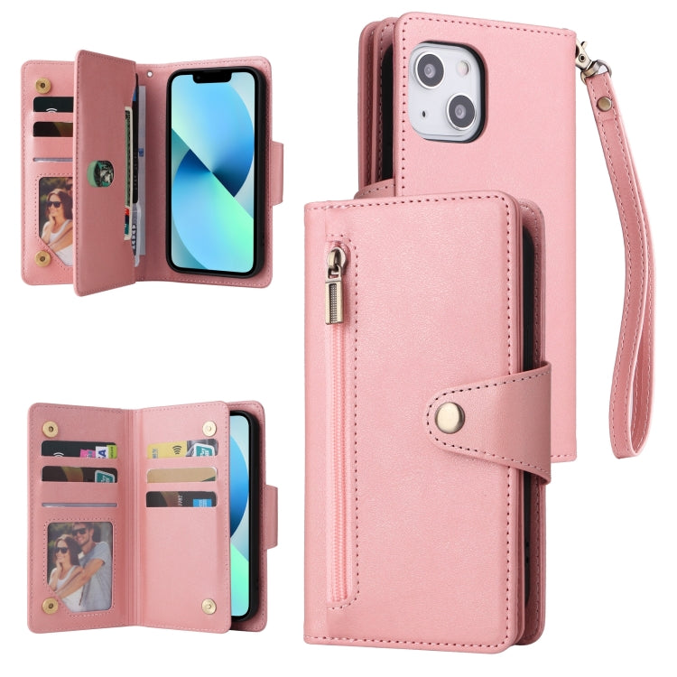 For iPhone 13 Rivet Buckle 9 Cards Three Fold Leather Phone Case
