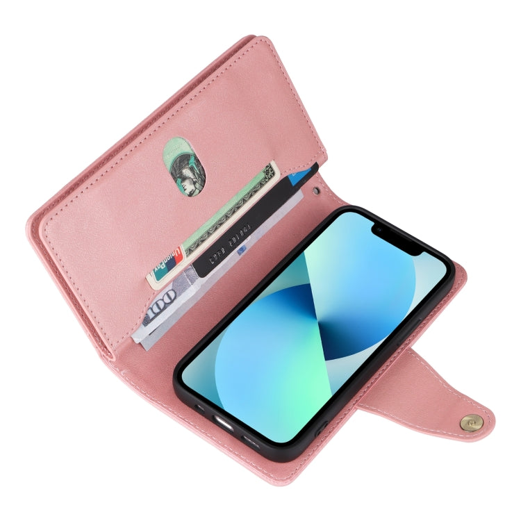 For iPhone 13 Rivet Buckle 9 Cards Three Fold Leather Phone Case