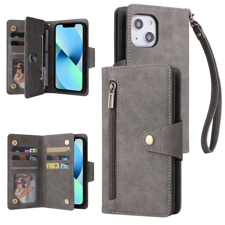 For iPhone 13 Rivet Buckle 9 Cards Three Fold Leather Phone Case