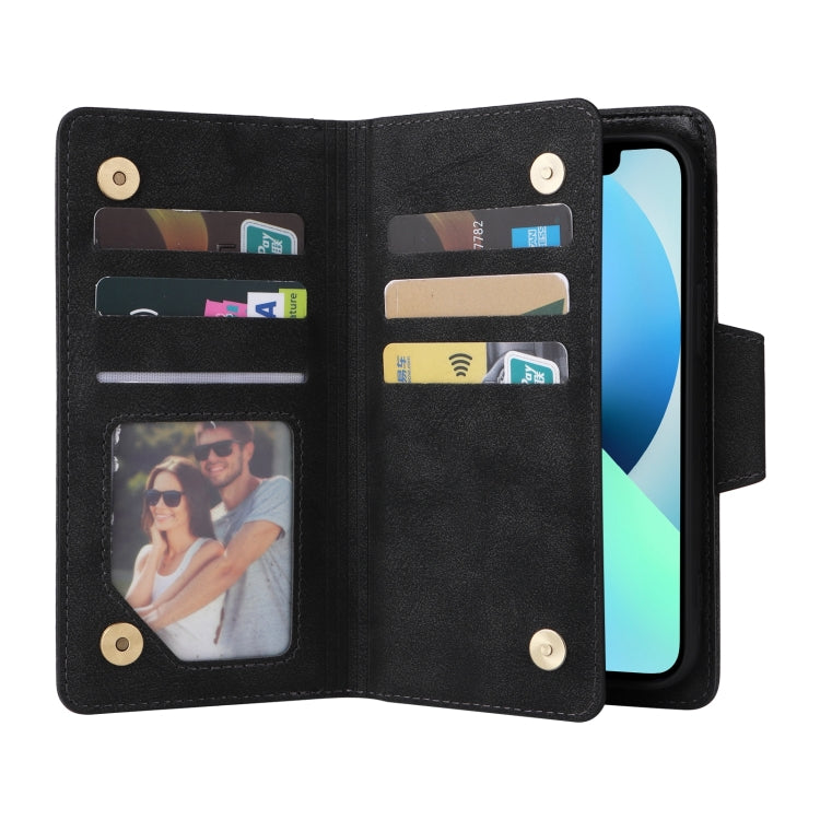 For iPhone 13 Rivet Buckle 9 Cards Three Fold Leather Phone Case