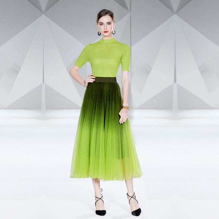 Hollow Knitted Top Smudge Gradient Mesh Skirt Two Piece Set, Size: