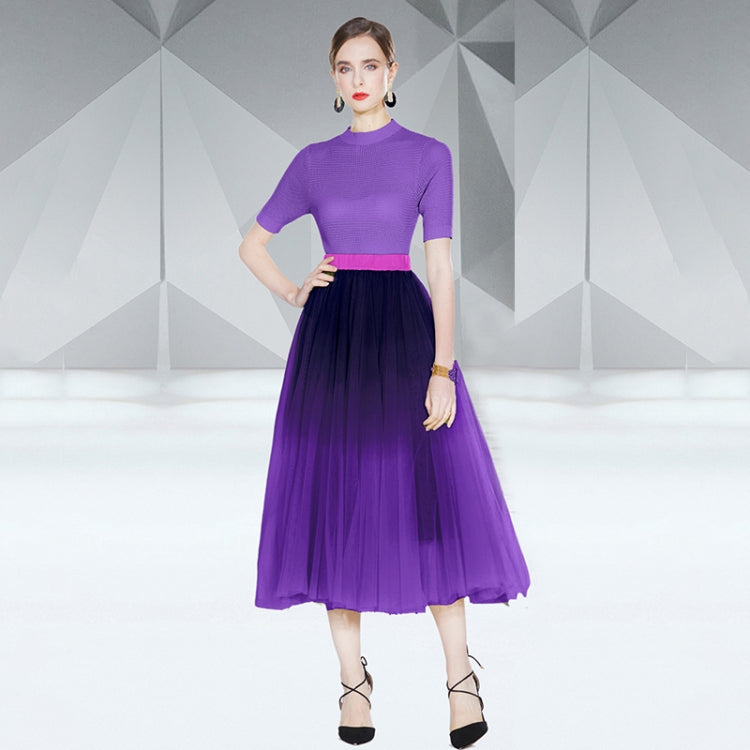 Hollow Knitted Top Smudge Gradient Mesh Skirt Two Piece Set, Size: