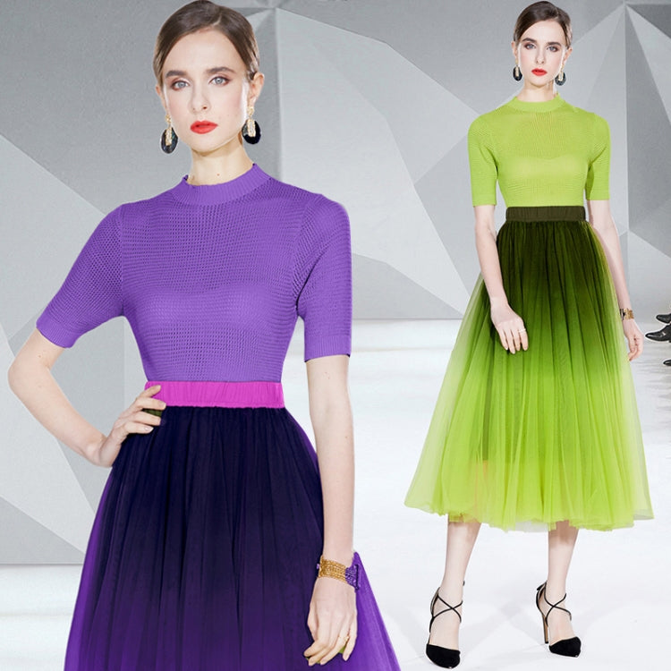 Hollow Knitted Top Smudge Gradient Mesh Skirt Two Piece Set, Size: