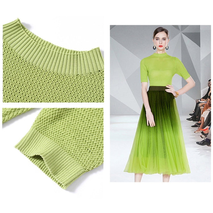 Hollow Knitted Top Smudge Gradient Mesh Skirt Two Piece Set, Size:
