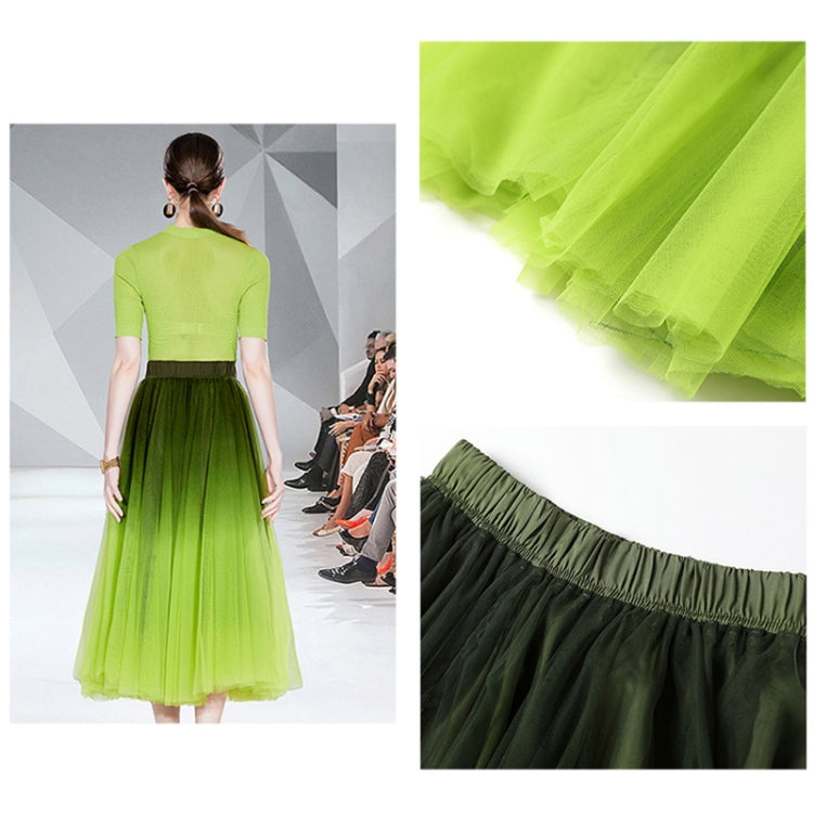 Hollow Knitted Top Smudge Gradient Mesh Skirt Two Piece Set, Size: