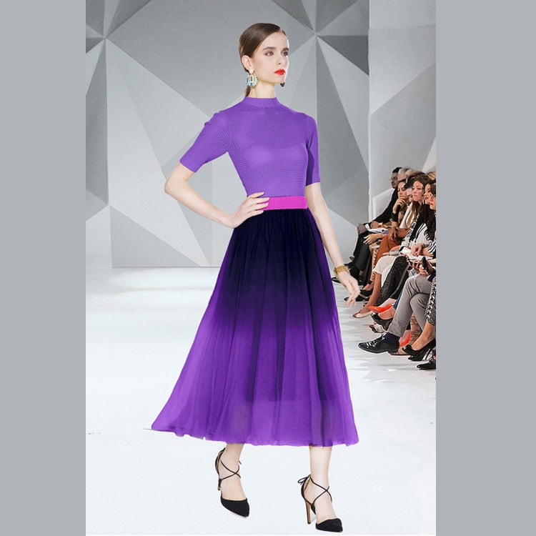 Hollow Knitted Top Smudge Gradient Mesh Skirt Two Piece Set, Size: