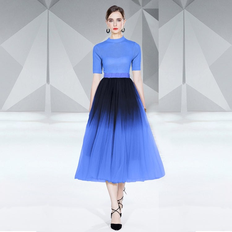 Hollow Knitted Top Smudge Gradient Mesh Skirt Two Piece Set, Size: