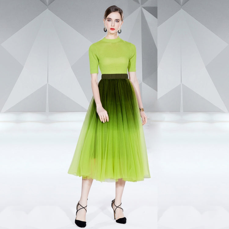 Hollow Knitted Top Smudge Gradient Mesh Skirt Two Piece Set, Size: