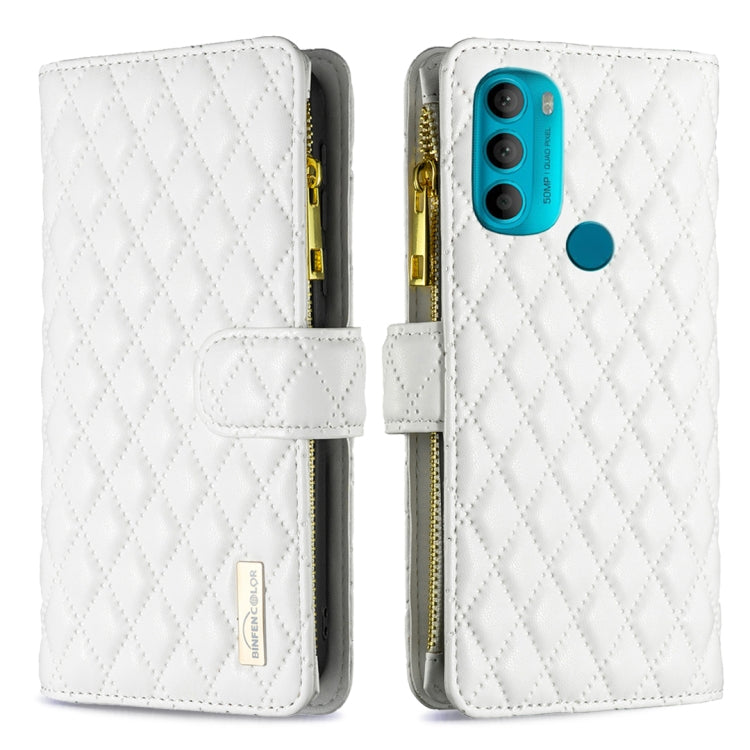 For Motorola Moto G71 5G Diamond Lattice Zipper Wallet Leather Flip Phone Case
