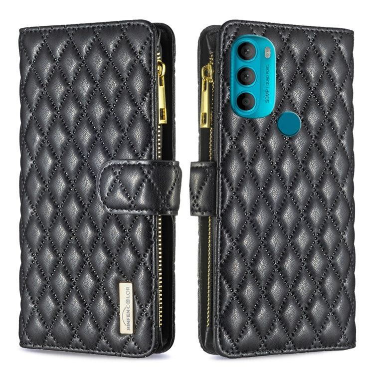 For Motorola Moto G71 5G Diamond Lattice Zipper Wallet Leather Flip Phone Case