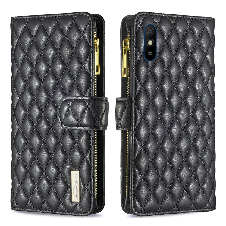 For Xiaomi Redmi 9A Diamond Lattice Zipper Wallet Leather Flip Phone Case