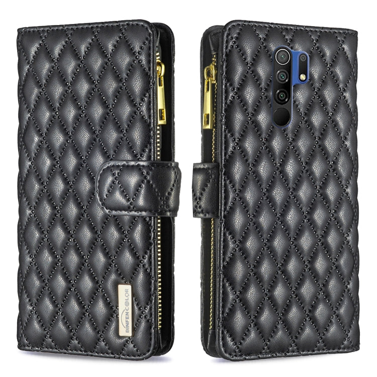 For Xiaomi Redmi 9 Diamond Lattice Zipper Wallet Leather Flip Phone Case