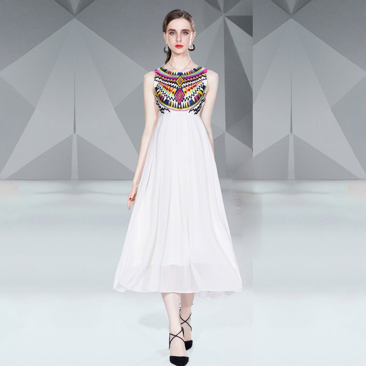 Heavy Embroidery Dress Sleeveless Chiffon Leisure Beach Dress, Size: