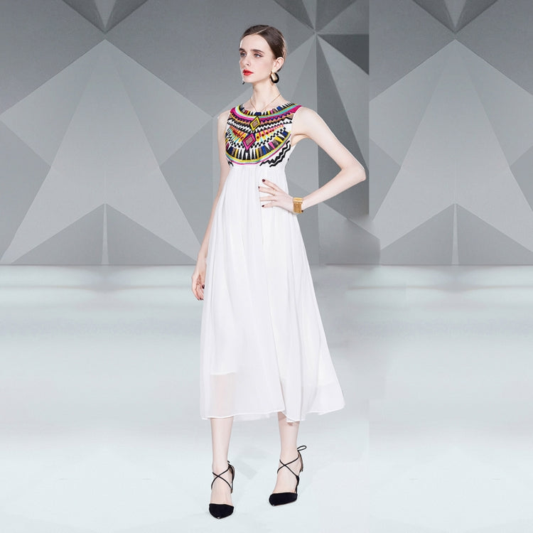 Heavy Embroidery Dress Sleeveless Chiffon Leisure Beach Dress, Size:
