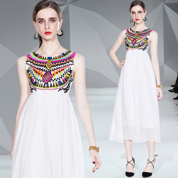 Heavy Embroidery Dress Sleeveless Chiffon Leisure Beach Dress, Size: