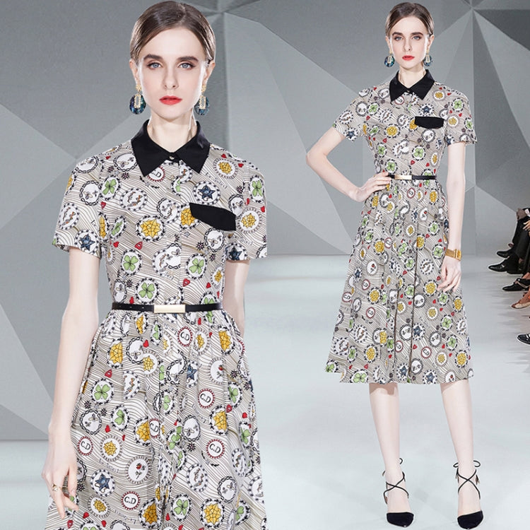 Stylish Slim Short Sleeve Mid Waist Print Dress, Size: