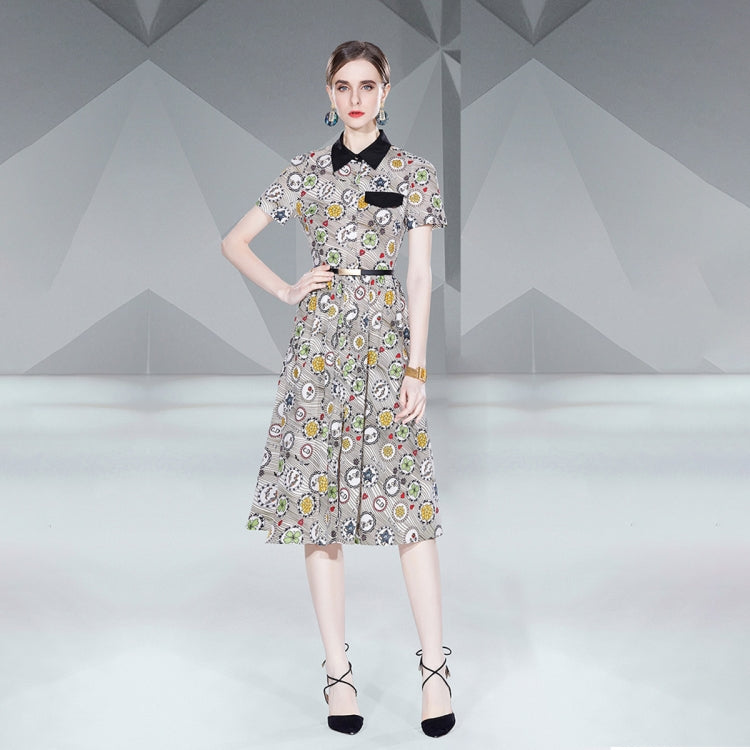 Stylish Slim Short Sleeve Mid Waist Print Dress, Size: