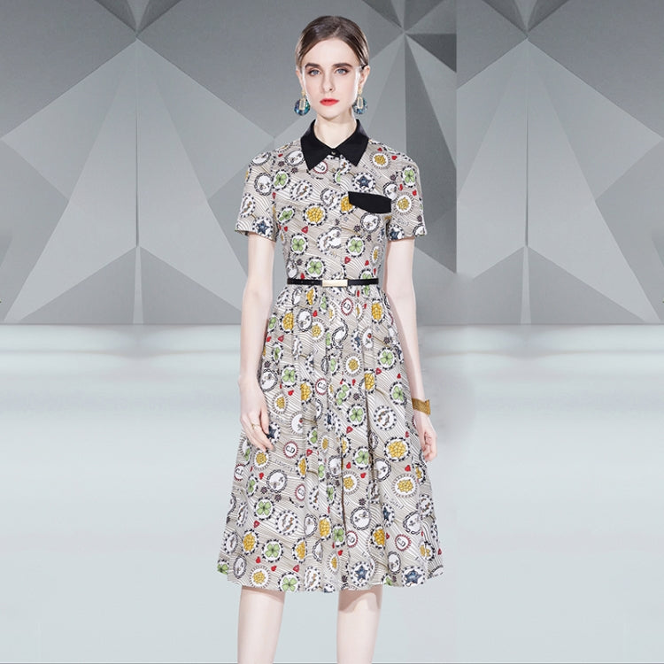 Stylish Slim Short Sleeve Mid Waist Print Dress, Size: