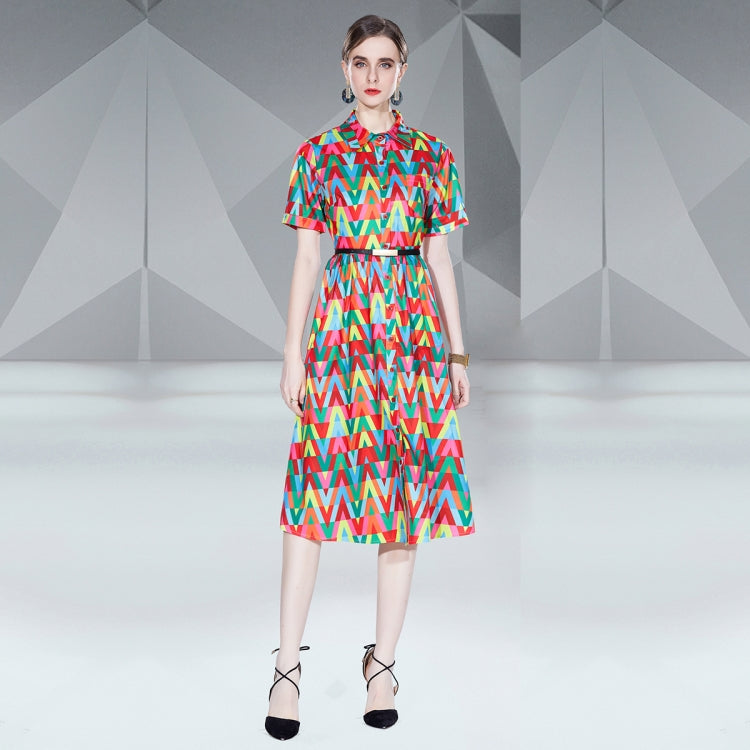 Short Sleeve Print Midi Dress Fashion Shirt Dress, Size: