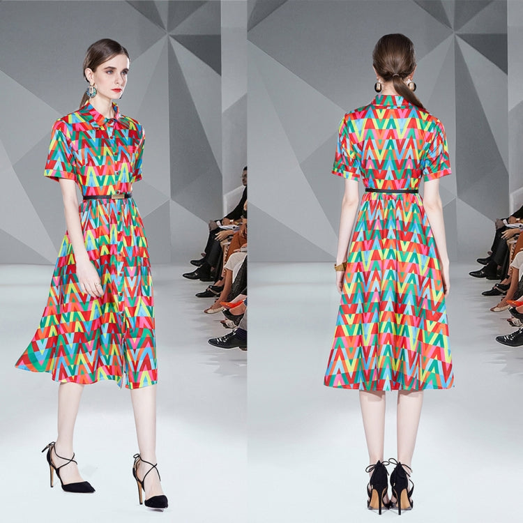 Short Sleeve Print Midi Dress Fashion Shirt Dress, Size: