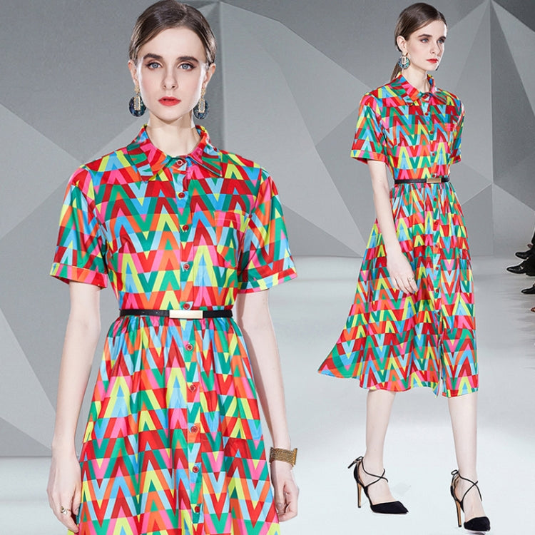 Short Sleeve Print Midi Dress Fashion Shirt Dress, Size: