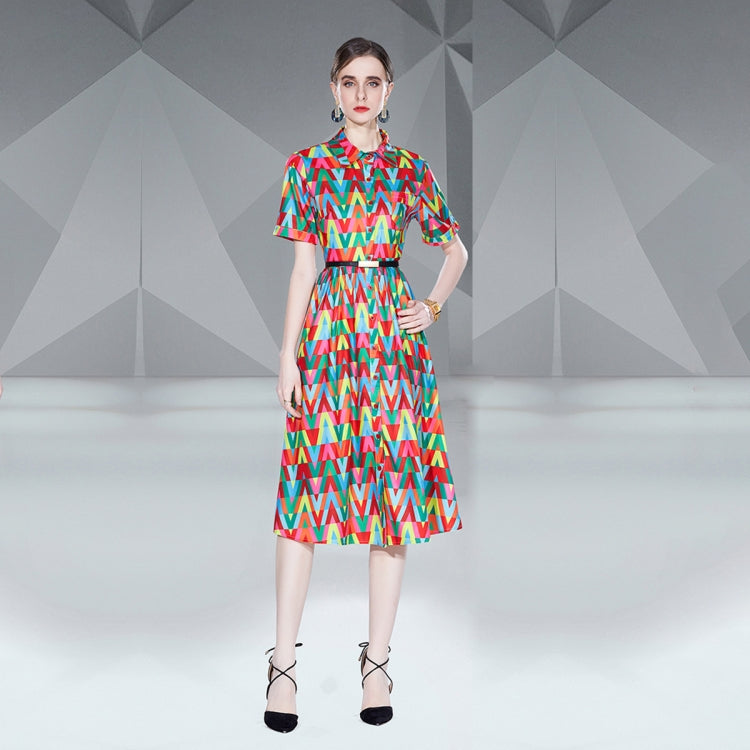 Short Sleeve Print Midi Dress Fashion Shirt Dress, Size: