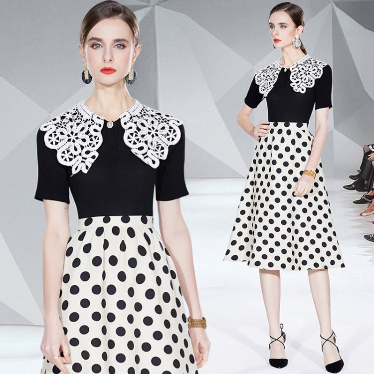 Beaded Lace Collar Top Knitted Sweater Dot Skirt Two Piece Set, Size:M(As Show)