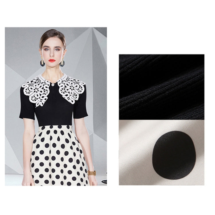 Beaded Lace Collar Top Knitted Sweater Dot Skirt Two Piece Set, Size:M(As Show)