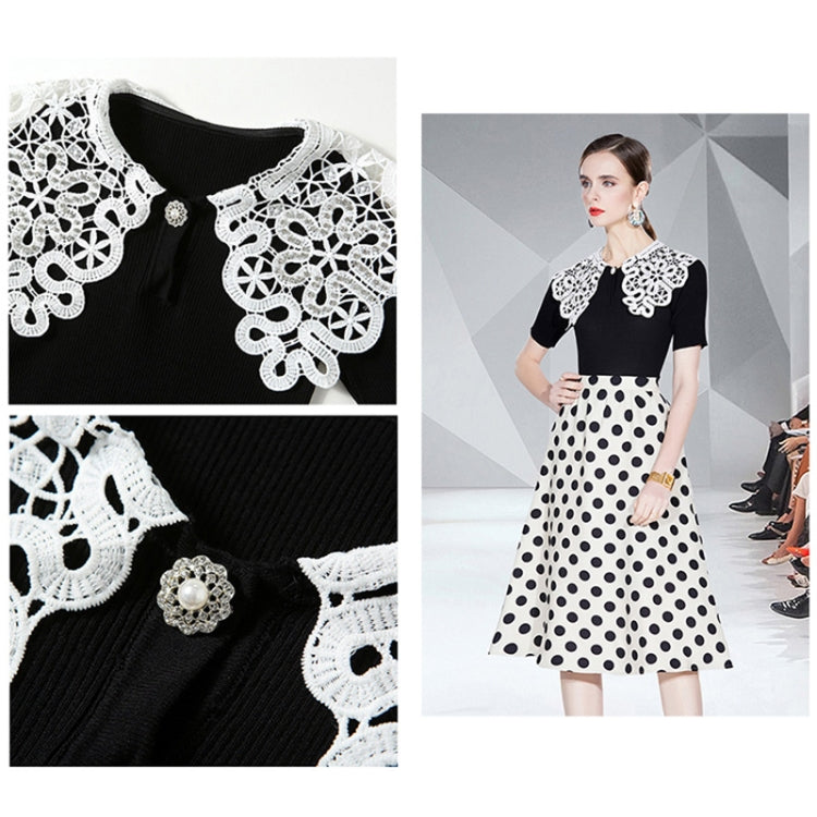 Beaded Lace Collar Top Knitted Sweater Dot Skirt Two Piece Set, Size:M(As Show)