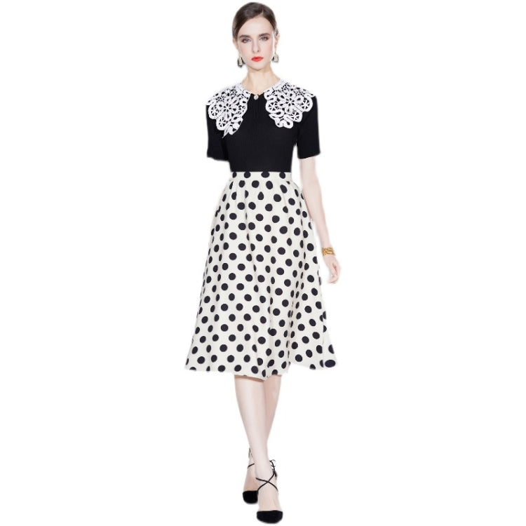 Beaded Lace Collar Top Knitted Sweater Dot Skirt Two Piece Set, Size:XL(As Show)